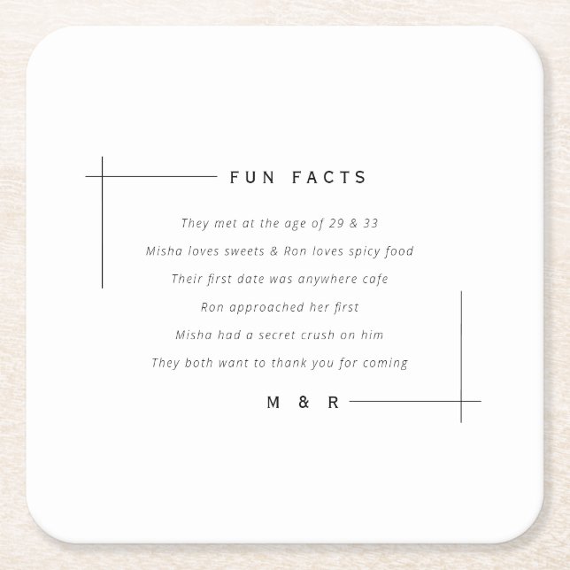 Funny, fun facts minimalist wedding  square paper coaster (Front)