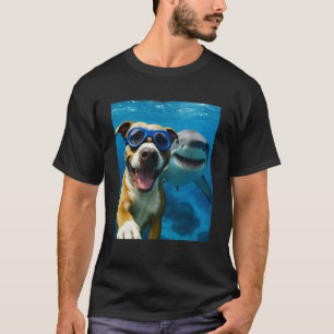 Funny Funny Pit Bull Pittie Dog Selfie with Shark  T-Shirt