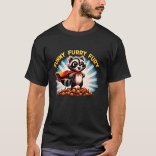 Funny Furry Fury Racoon Hero on Acorn Pile T-Shirt