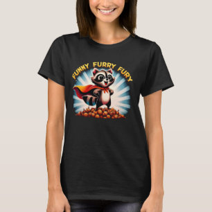 Funny Furry Fury Racoon Hero on Acorn Pile T-Shirt