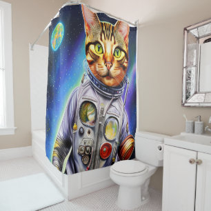 Funny Futuristic Astronaut Cat Shower Curtain