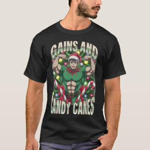 Funny Gains And Candy Canes Christmas Elf Gym Work T-Shirt
