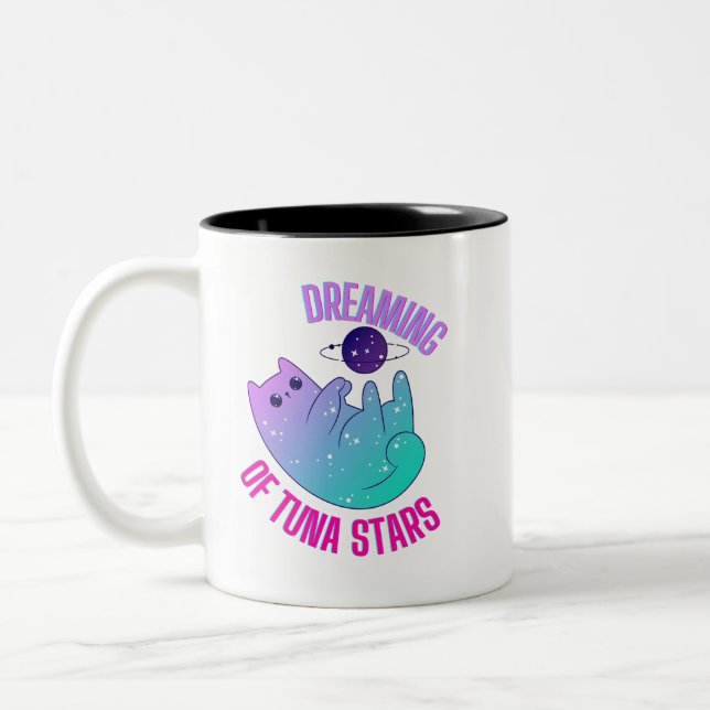 Funny Galaxy Kawaii Cat Playing with Stars Mug (Left)