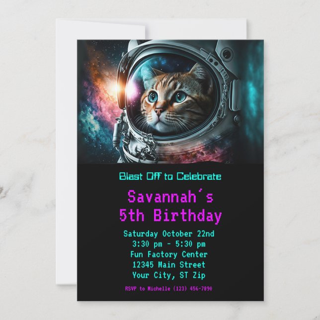 Funny Galaxy Space Cat Astronaut Birthday Party Invitation (Front)