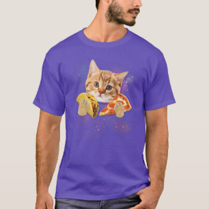 Funny Galay Cat   Space Cat Eat Pizza and Taco  T-Shirt