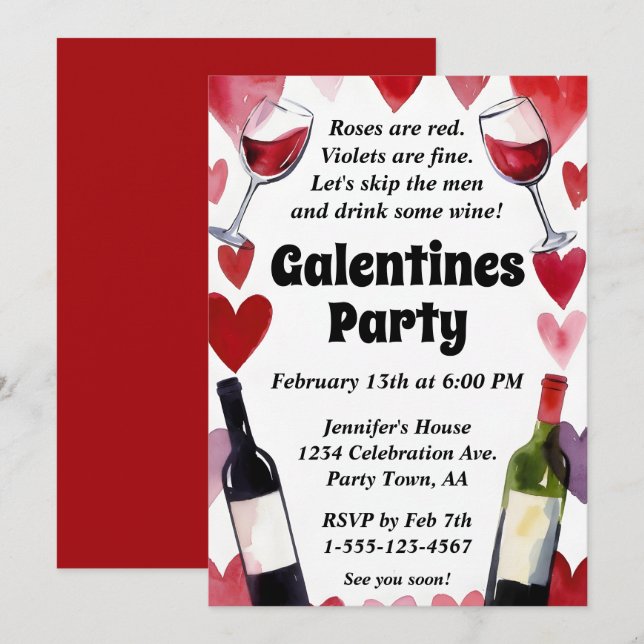 Funny Galentine Wine Hearts Girls Night Invitation (Front/Back)