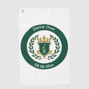 Funny "Game Over" Wedding Monogram Crest Classic Golf Towel