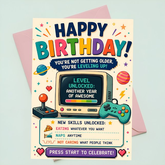 Funny Gamer Birthday Card Retro Arcade Level Up (Creator Uploaded)