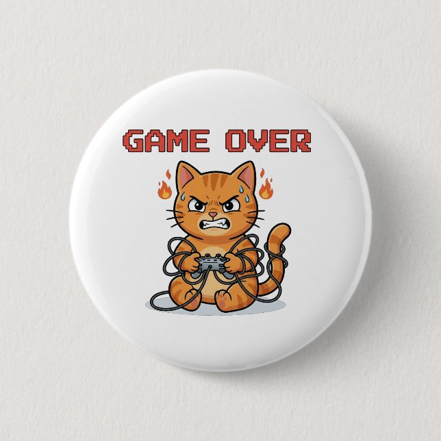 Funny Gamer Cat Game Over Button (Front)