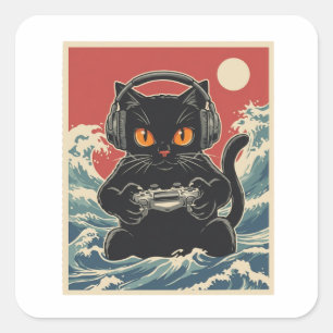Funny Gamer Cat Retro Controller Headphones Night Square Sticker