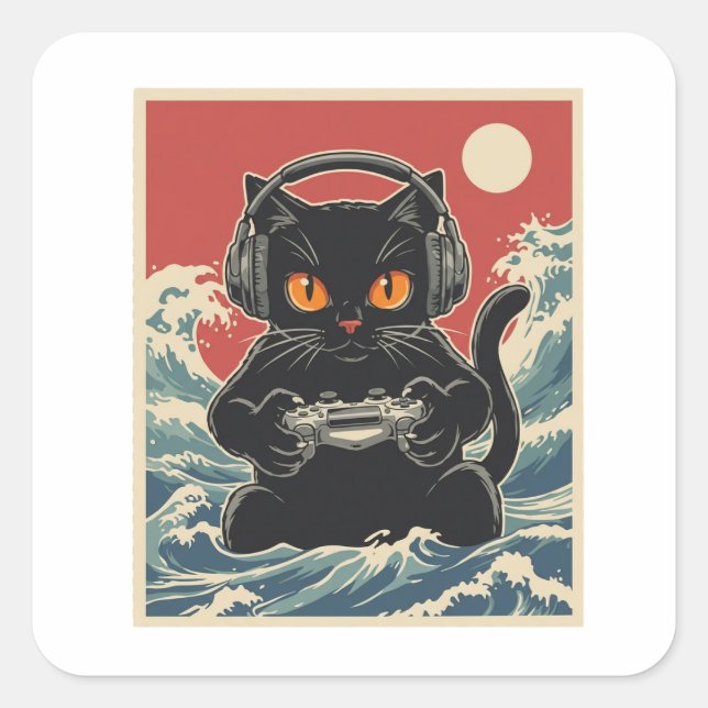 Funny Gamer Cat Retro Controller Headphones Night Square Sticker (Front)