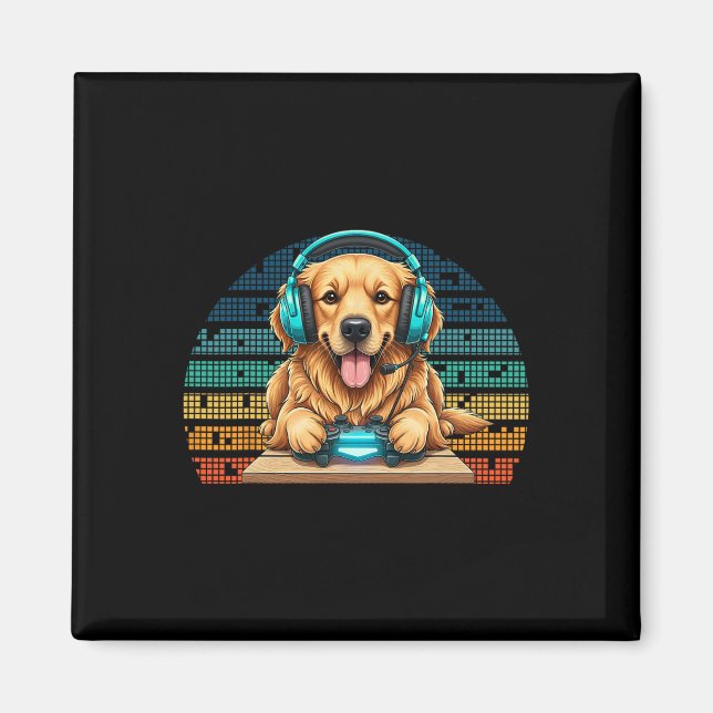 Funny Gamer Dog With Headset And Controller Golden Magnet (Front)