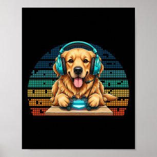 Funny Gamer Dog With Headset And Controller Golden Poster