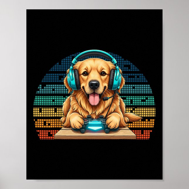 Funny Gamer Dog With Headset And Controller Golden Poster (Front)