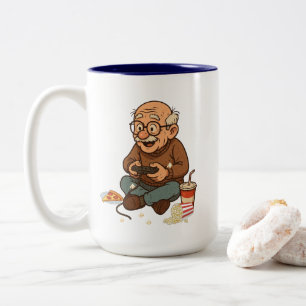 Funny Gamer Grandpa Pizza & Popcorn Cartoon  Two-Tone Coffee Mug