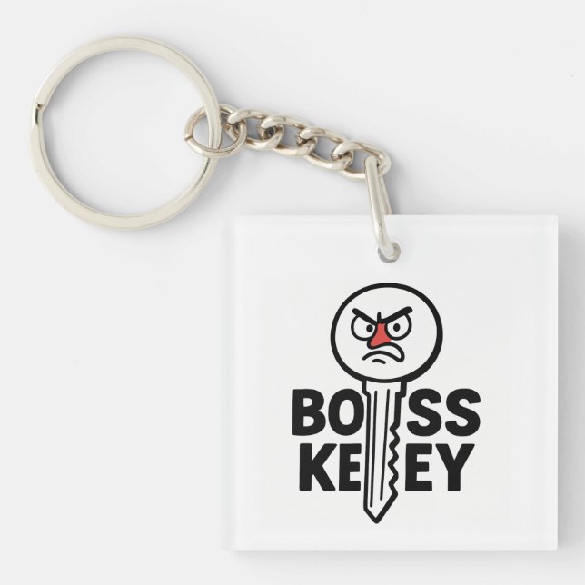 Funny Gamer Keychain – “Boss Key” Cartoon Design (Front)