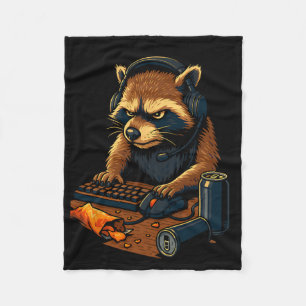 Funny Gamer Raccoon With Headset Fleece Blanket