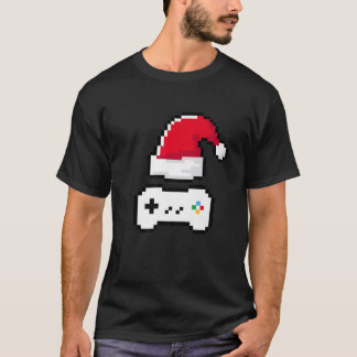 Funny Gaming Christmas Pixel Art Santa Hat And Vid T-Shirt
