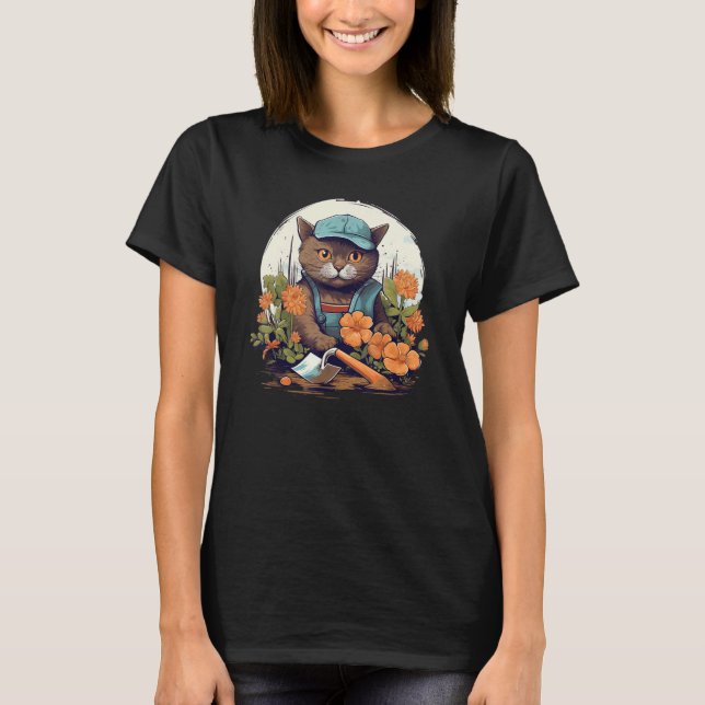 Funny gardening Cat with pretty Flowers and Herbs T-Shirt (Front)