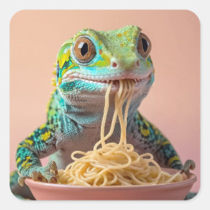 Funny Gecko Eating Spaghetti Square Sticker