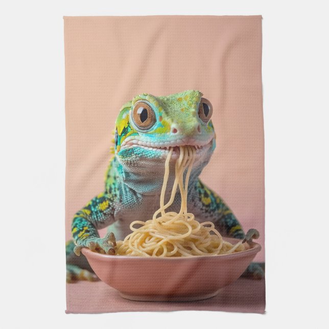 Funny Gecko Eating Spaghetti  Tea Towel (Vertical)