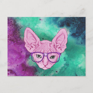 Funny Geeky Cat on Watercolor Backgroun Postcard