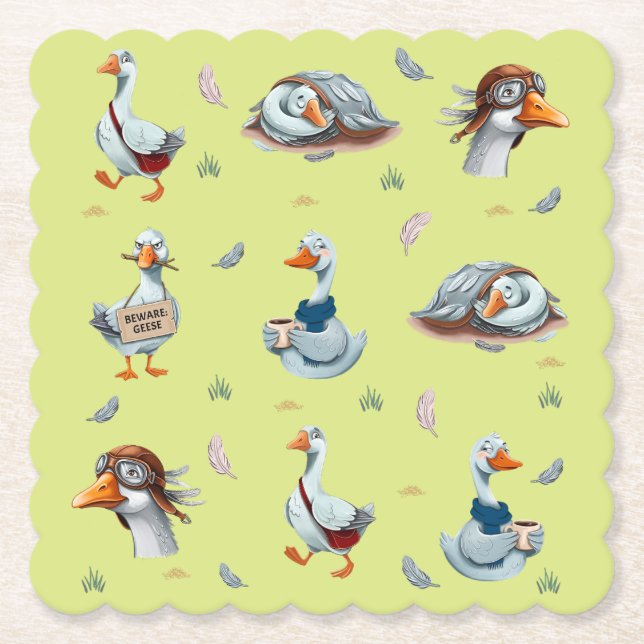 Funny Geese Pattern – Whimsical Goose Print Paper Coaster (Front)
