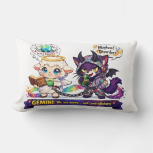 Funny Gemini Zodiac Duality Angel Lamb and Chaos Lumbar Cushion