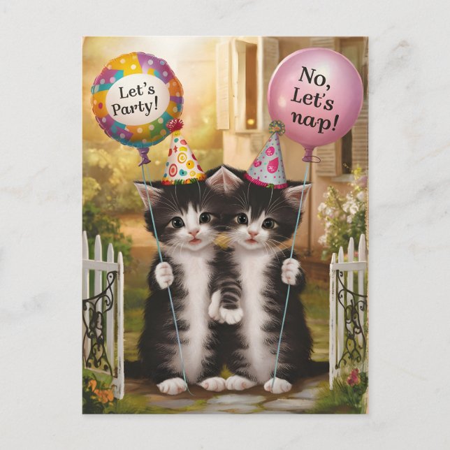 Funny Gemini Zodiac sign Birthday Cats Postcard (Front)