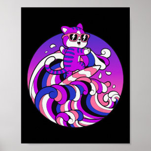 Funny Genderfluid Shirt Surfing Cat Gender Fluid P Poster