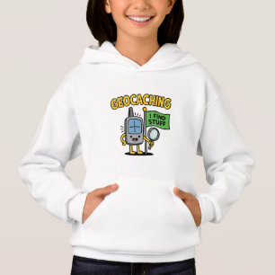 Funny Geocaching GPS Cartoon with Flag & Magnifier