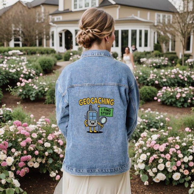 Funny Geocaching GPS Cartoon with Flag & Magnifier Denim Jacket (Wedding Back)