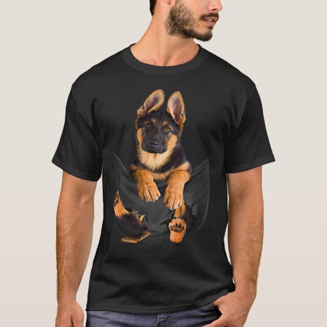 Funny German Shepherd Dog In Pocket T-Shirt (Front)