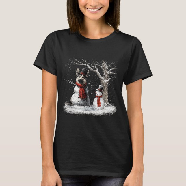 Funny German Shepherd Dog In The Snow Tree Christm T-Shirt (Front)