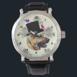 Funny German shepherd dog Watch<br><div class="desc">Funny Alsatian German shepherd dog animal character wearing a grooms top hat and fun colourful birds on a cream vintage damask background, Visit the VINTAGE PRINTS STORE for matching products and more humourous animal character photo collages. Keep or delete the numbers / numerals. Choose from a range of men's women's...</div>