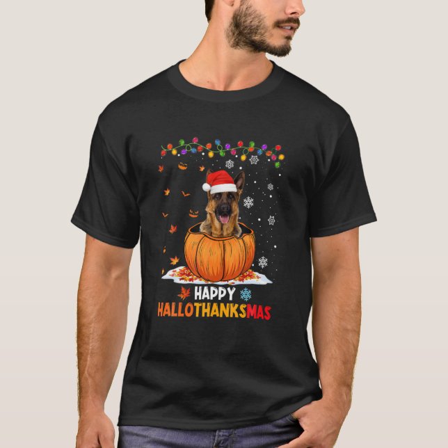 Funny German Shepherd On Pumpkin Happy Hallothanks T-Shirt (Front)