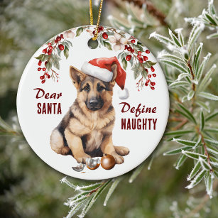Funny German Shepherd Pup Define Naughty Christmas Ceramic Ornament