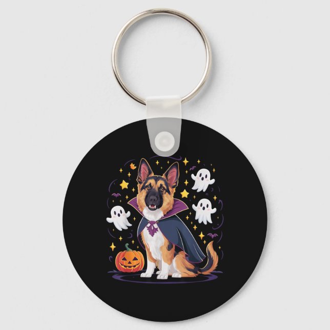 Funny German Shepherd Pup Halloween Ghosts Dracula Key Ring (Front)