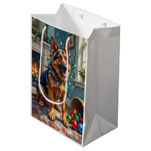 Funny German Shepherd Tangled in Christmas Lights Medium Gift Bag
