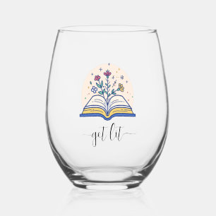 Funny Get Lit Book Lovers  Stemless Wine Glass