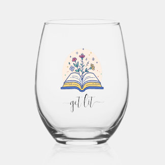 Funny Get Lit Book Lovers  Stemless Wine Glass