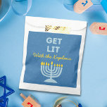 Funny "Get Lit" Chic Personalised Menorah Hanukkah Favour Bag<br><div class="desc">Add a festive flair to your Hanukkah celebration with these fun "Get Lit" favour bags! Featuring a bold blue menorah illustration, a playful message, and customisable family name text, these bags are perfect for handing out holiday treats, gifts, or party favours. The vibrant design and humourous phrase bring personality and...</div>