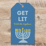 Funny "Get Lit" Chic Personalised Menorah Hanukkah Gift Tags<br><div class="desc">Add a dash of humour to your Hanukkah gifts with this fun and festive "Get Lit" gift tag! Featuring a bold blue menorah illustration and customisable family name text, this tag is the perfect way to bring personality to your holiday presents. The modern design, complete with a playful phrase and...</div>