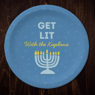 Funny "Get Lit" Chic Personalised Menorah Hanukkah Paper Plate