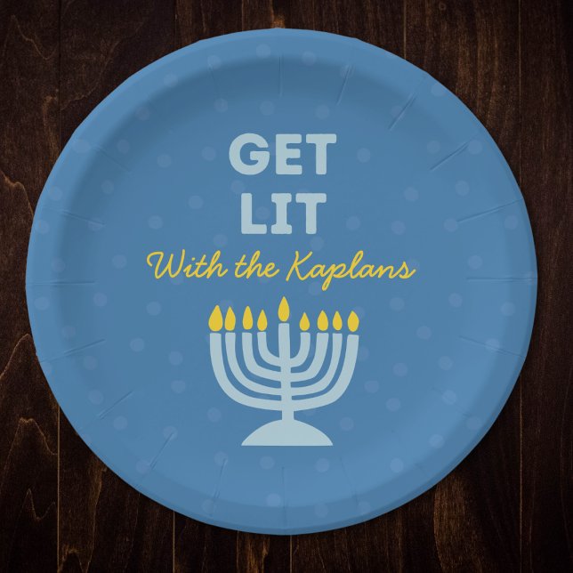 Funny "Get Lit" Chic Personalised Menorah Hanukkah Paper Plate (Creator Uploaded)