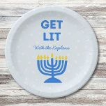 Funny "Get Lit" Chic Personalised Menorah Hanukkah Paper Plate<br><div class="desc">Add a festive spark to your Hanukkah celebration with these fun "Get Lit" napkins! Featuring a bold blue menorah illustration and customisable family name text, these napkins bring humour and personality to your holiday gatherings. The playful phrase and vibrant colours make them a memorable addition to your Hanukkah table, perfect...</div>