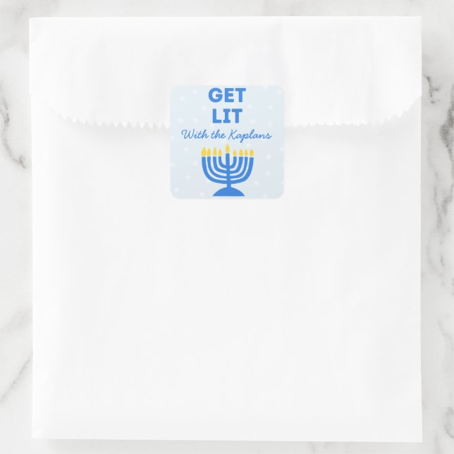 Funny "Get Lit" Chic Personalised Menorah Hanukkah Square Sticker (Bag)