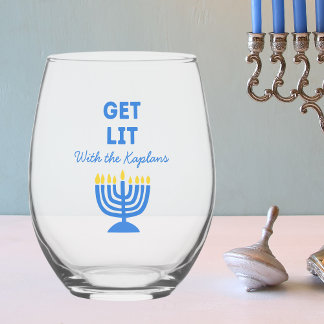Funny "Get Lit" Chic Personalised Menorah Hanukkah Stemless Wine Glass