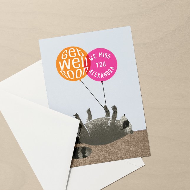 Funny Get Well Soon Racoon Balloons Card (funny dark humor get well soon card with dead raccoon and balloons tied to a foot)