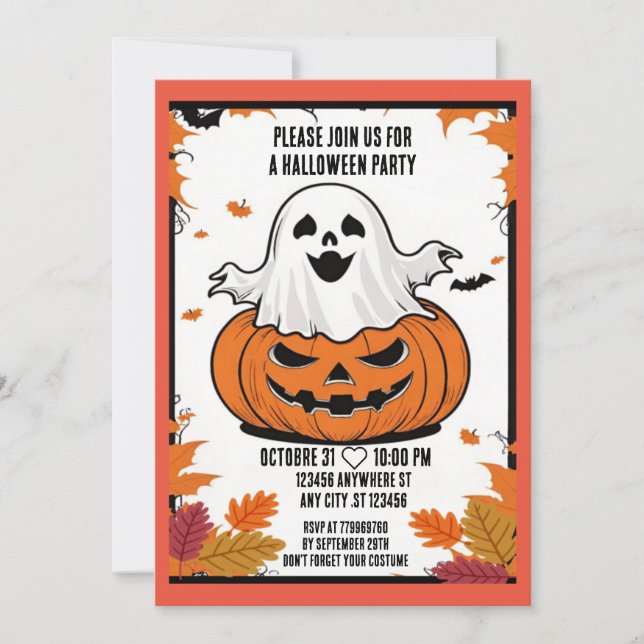Funny Ghost and pumpkin Halloween party invitation (Front)